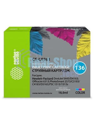 Картридж струйный Cactus CS-C9361 №136 трехцветный (18 мл.) для HP DJ 5443/D4163/DJ 6313/PS 2573/C3183/C4183/D5163/1513/1513s