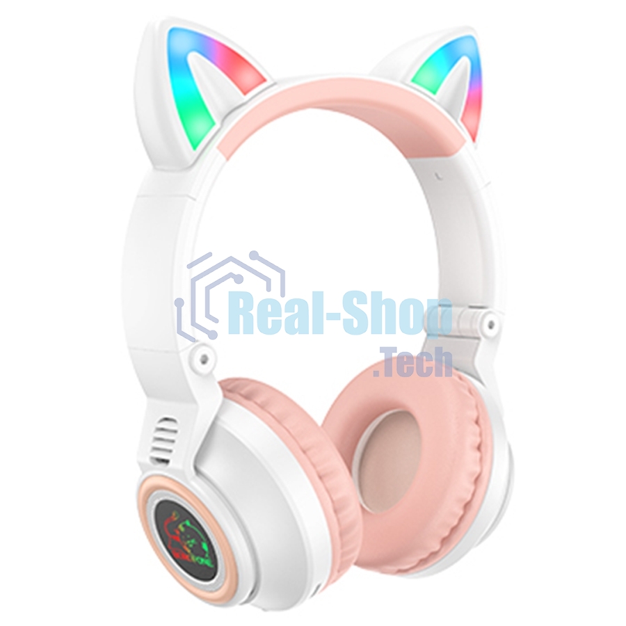 Беспроводные/проводные наушники Borofone BO18 белый/розовый, накладные, Bluetooth + проводной, кошачьи ушки, до 12 ч