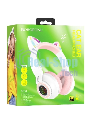 Беспроводные/проводные наушники Borofone BO18 белый/розовый, накладные, Bluetooth + проводной, кошачьи ушки, до 12 ч