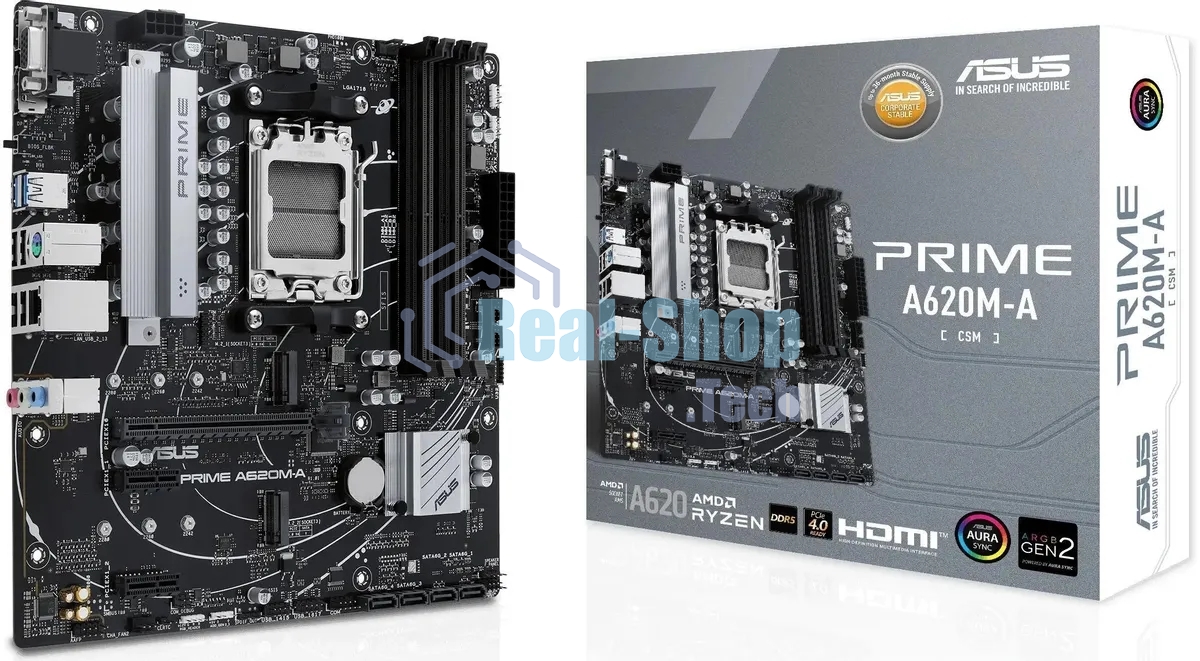Материнская плата ASUS PRIME A620M-A-CSM, AM5, AMD A620, 2xDDR5, 4xSATA, 2xM.2, 1xPCI-E 4.0 x16, 1xHDMI, 1xDP, 1xVGA, 1x 1Gb LAN, 2xUSB-A 3.2 Gen 1, 4xUSB-A 2.0, 3x3.5 мм, 7.1, Micro-ATX