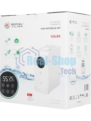 Увлажнитель воздуха Royal Clima VOLPE RUH-VP270/6.5E-WT белый, 30 м², 6.5 л, ультразвуковой, производительность 270 мл/ч, гигростат, ароматизация, управление по Wi-Fi (SmartLife), пульт ДУ