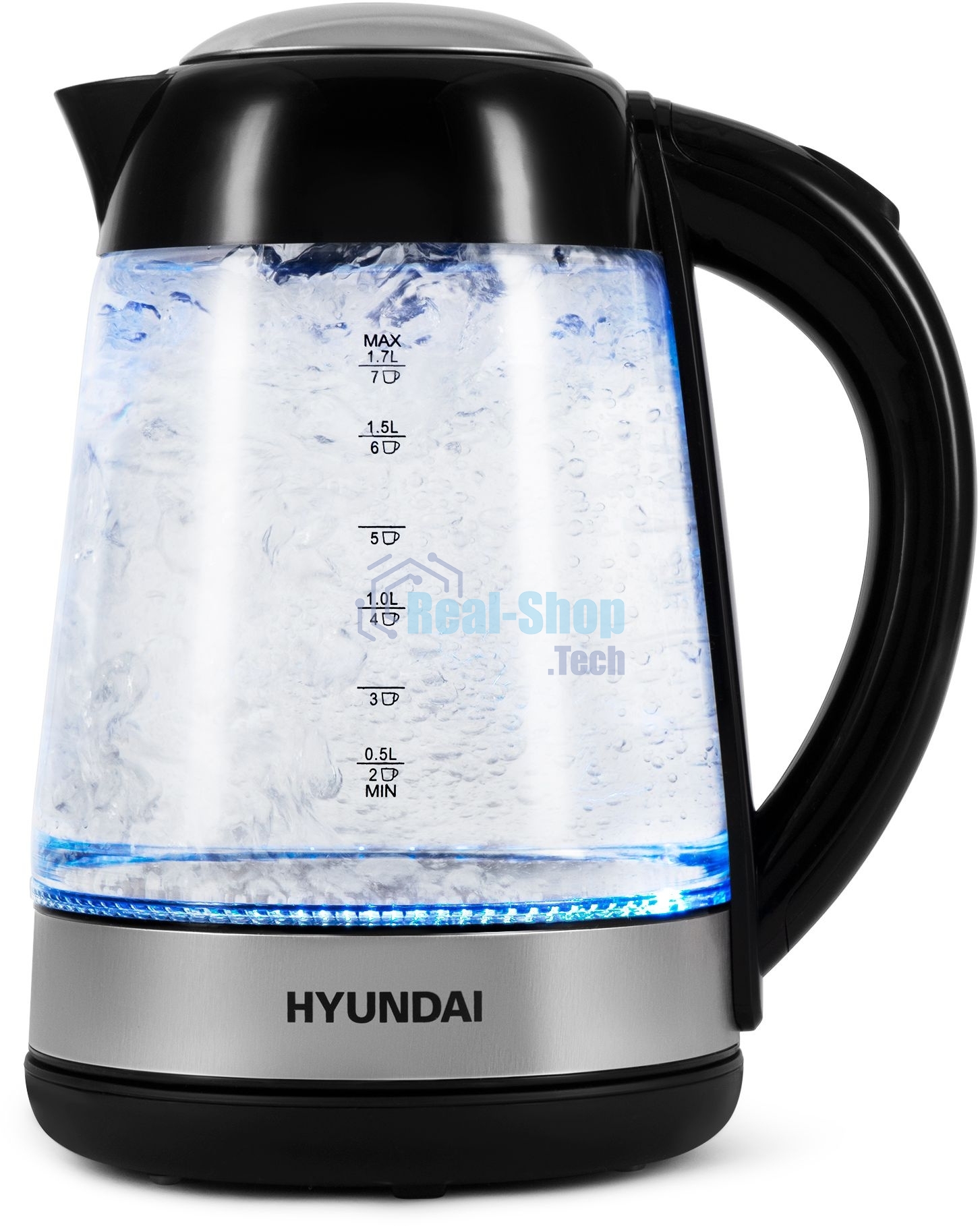 Чайник электрический Hyundai HYK-G3803 1.7 л, 2200 Вт, черный/серебристый (корпус: стекло)