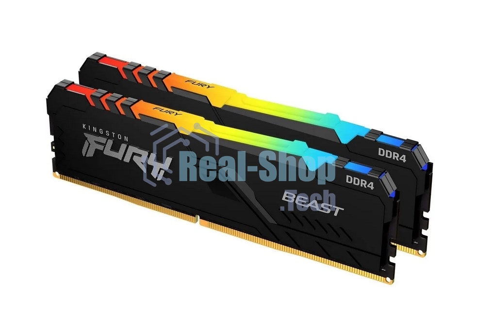 Оперативная память Kingston Fury Beast, DDR4, 16GB (2x8GB), 3200MHz, CL16, DIMM, с радиатором, RGB, черный