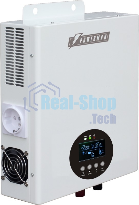Источник бесперебойного питания ИБП POWERMAN Smart 800 HYBRID, линейно-интерактивный, 800ВА/480Вт, 165-265В, 2 евророзетки, внешняя свинцово-кислотная (AGM, GEL, FB) или LiFePO4 батарея на 12В емкостью от 55Ач (не входит в комплект поставки), ток заряда до 15А, ЖК-дисплей, навесной, 310мм х 270мм х 85мм, 6.6кг.