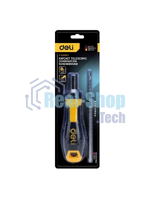 Двухсторонняя отвертка с трещеткой Deli DL626011 PH2+SL6x180 мм 6/PH2x180мм. Материал биты: Cr-V. Общая длина: 180-230 мм. Диаметр хвостовика: 6,3 мм.