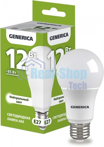 Лампа светодиодная A60 груша 12Вт 230В 4000К E27 GENERICA