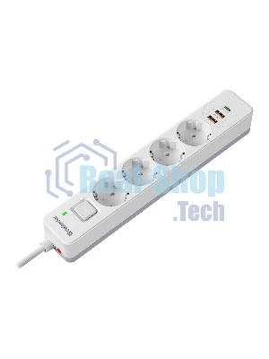 Удлинитель с сетевым фильтром Defender DFS 141, белый, 4розетки, USB+TypeC, 1.5 м.