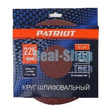 Круг шлифовальный PATRIOT на липучке, 225мм, 6 отверстий, Р240, 10 шт