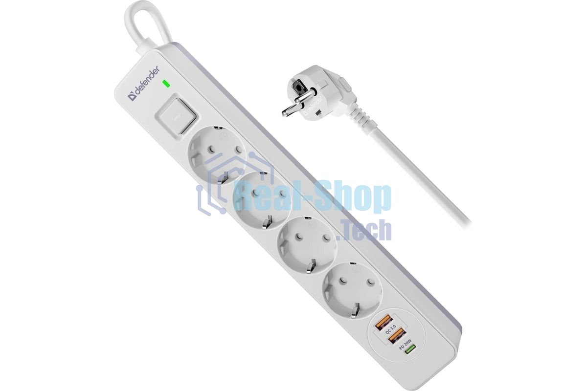 Удлинитель с сетевым фильтром Defender DFS 141, белый, 4розетки, USB+TypeC, 1.5 м.