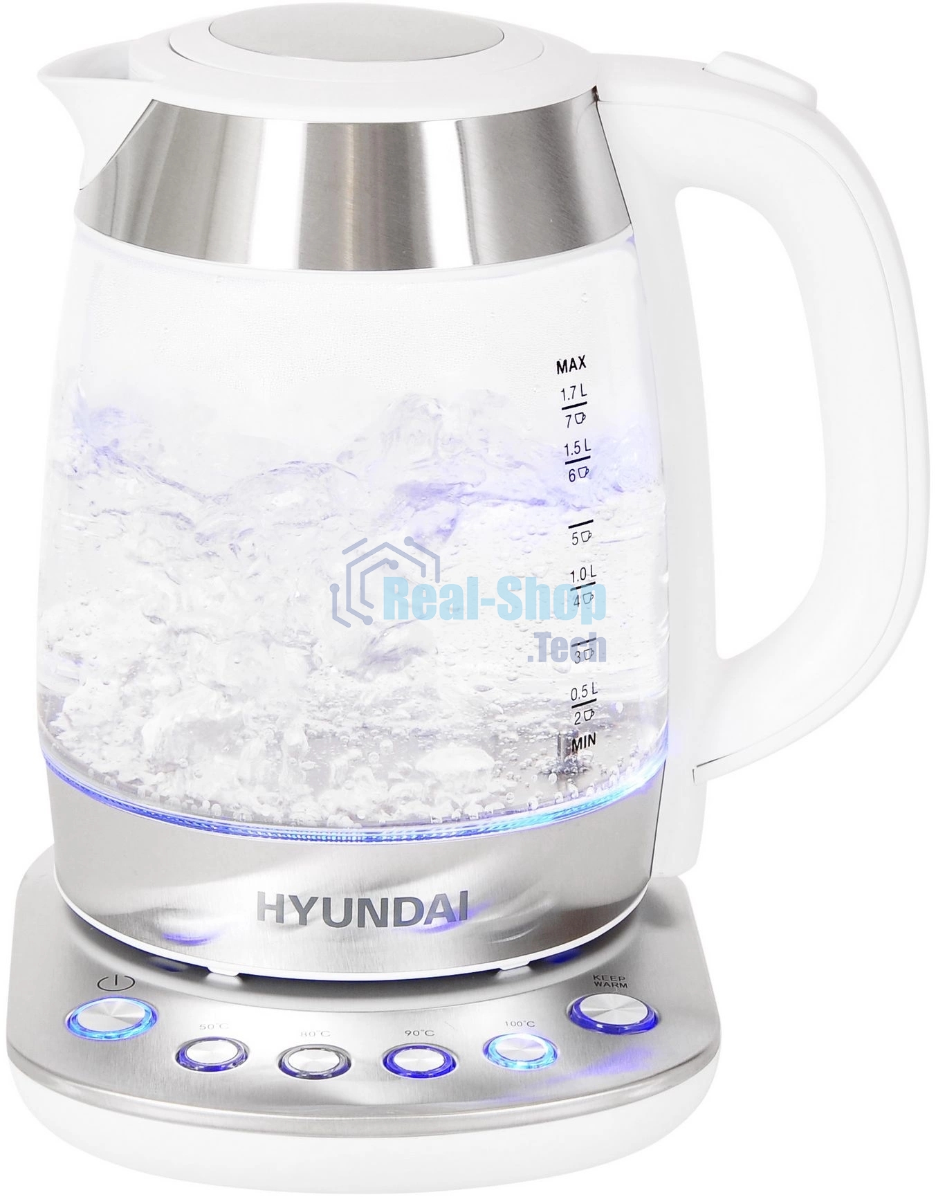 Чайник электрический Hyundai HYK-G4033 1.7 л, 2200 Вт, белый/серебристый (корпус: стекло)