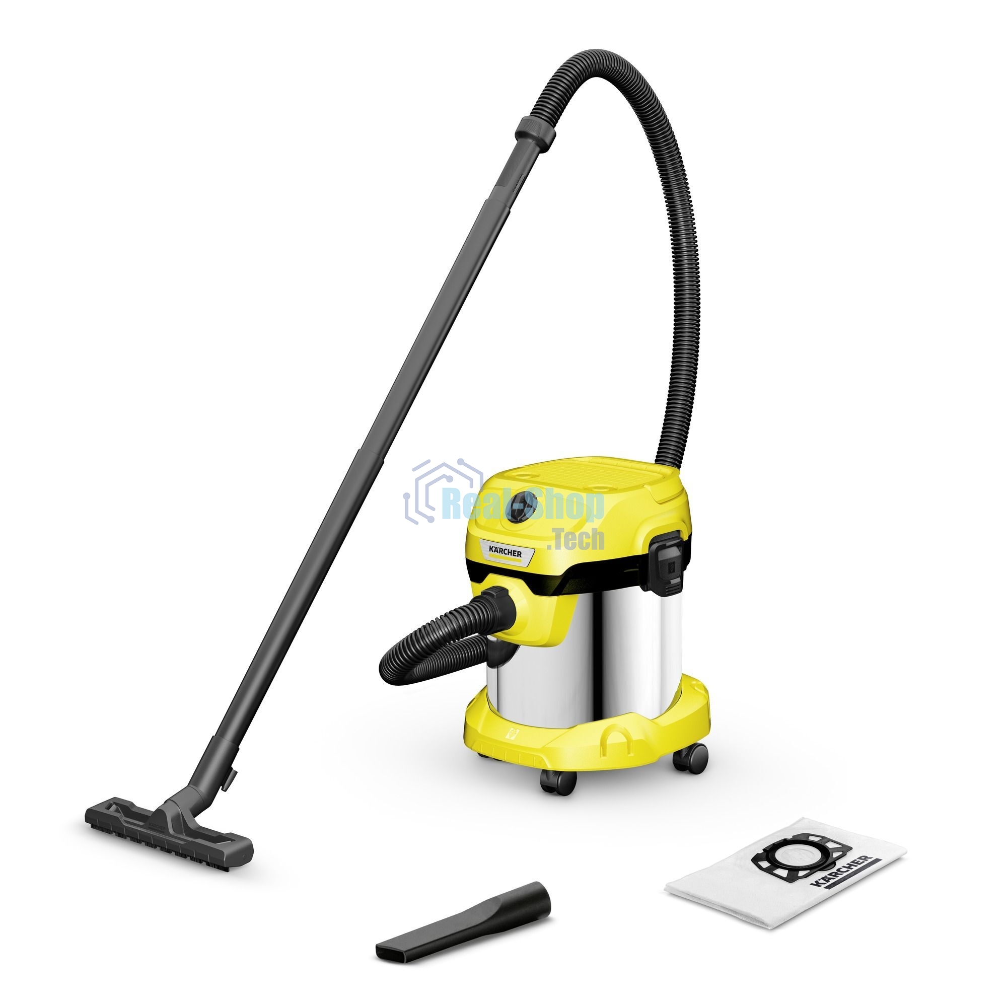 Строительный пылесос Karcher WD 2 Plus S V-15/4/18 желтый, 1000 Вт, уборка сухая/сбор воды, пылесборник мешок/контейнер, 15 л