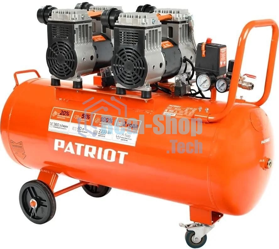 Компрессор поршневой безмасляный Patriot WO 80-360, 360 л/мин, 8 бар, 2200 Вт, 80 л, быстросъем и 