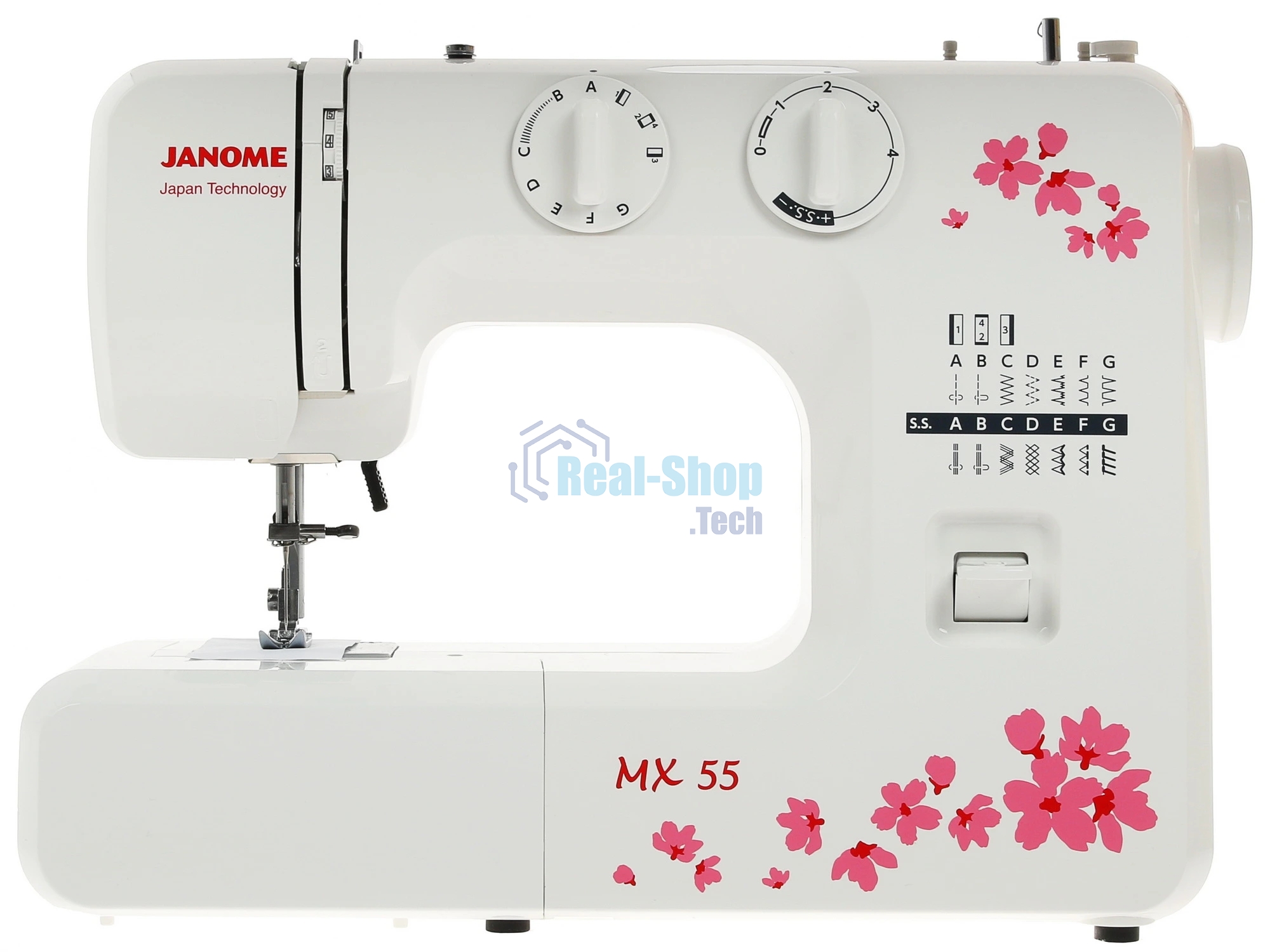 Швейная машина Janome MX 55 белый/розовый, электромеханическая, вертикальный качающийся, 15 операций, петля полуавтомат
