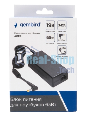 Блок питания Gembird для ноутбуков Acer 19В/3,42А, 65Вт, 1 штекер (5,5х1,7мм 9м)
