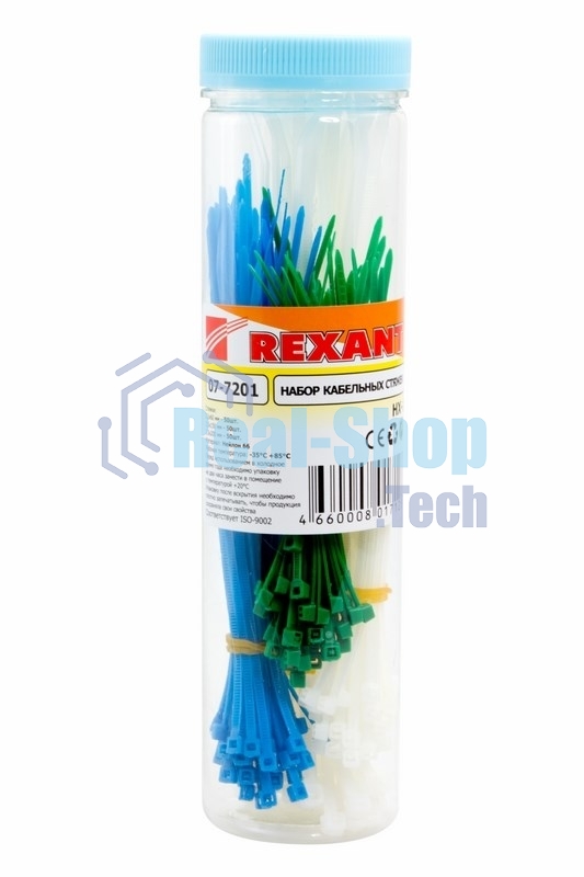 Набор хомутов-стяжек нейлоновых Rexant 100, 150, 200 мм, цветные, НХ-1, тубус 200 шт.