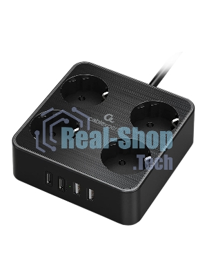 Сетевой фильтр Cablexpert Plate, PLT-4-C2U2-B-3, 4р, 10А, 2xType-C PD, 20Вт, 2xUSB, 2.4A, 3 м, ур. защиты 4+, черный, коробка