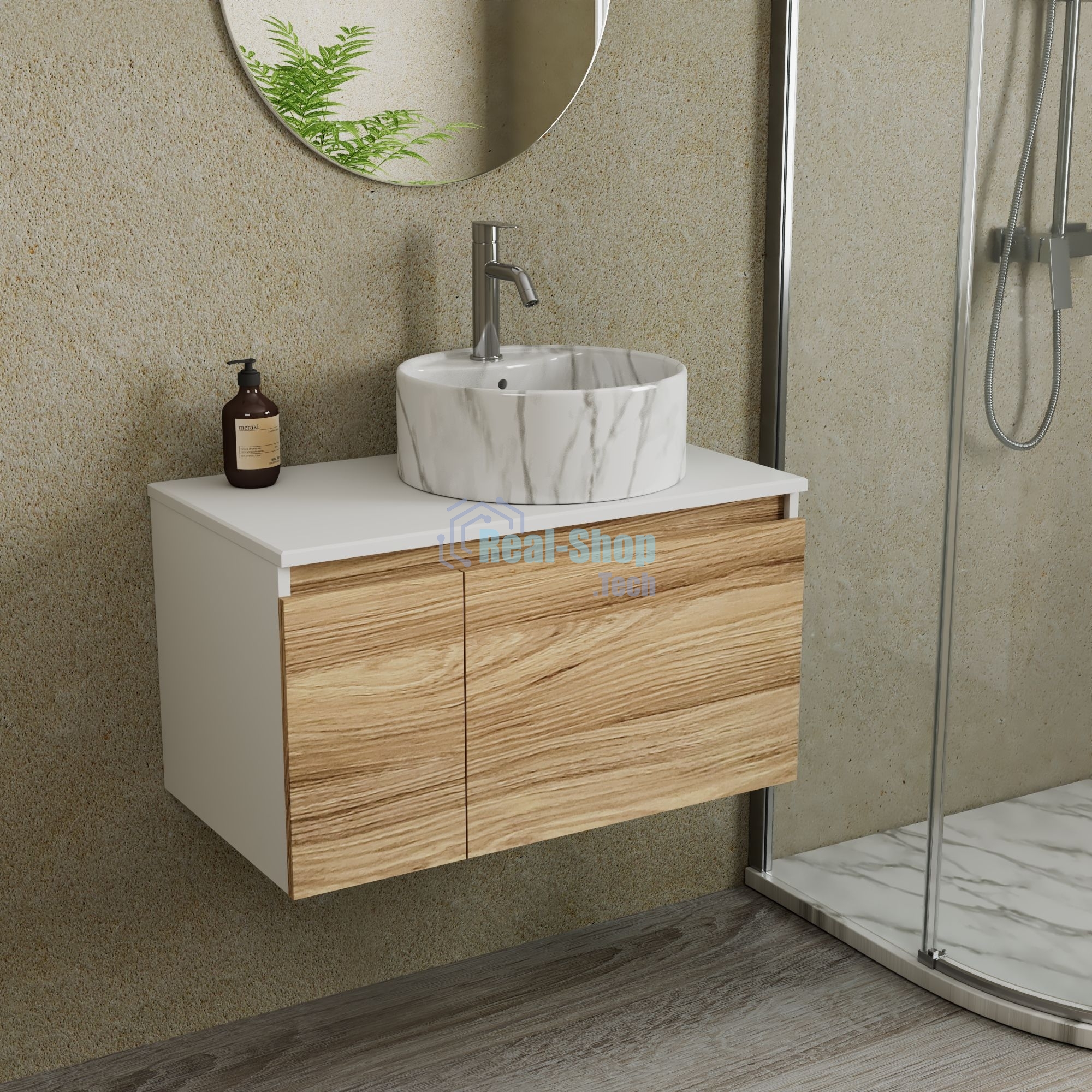 Комплект: тумба Bau Dream Blackwood 80, Раковина круглая накладная BAU Element D41, мрамор, смеситель Hotel Dream, нерж сталь