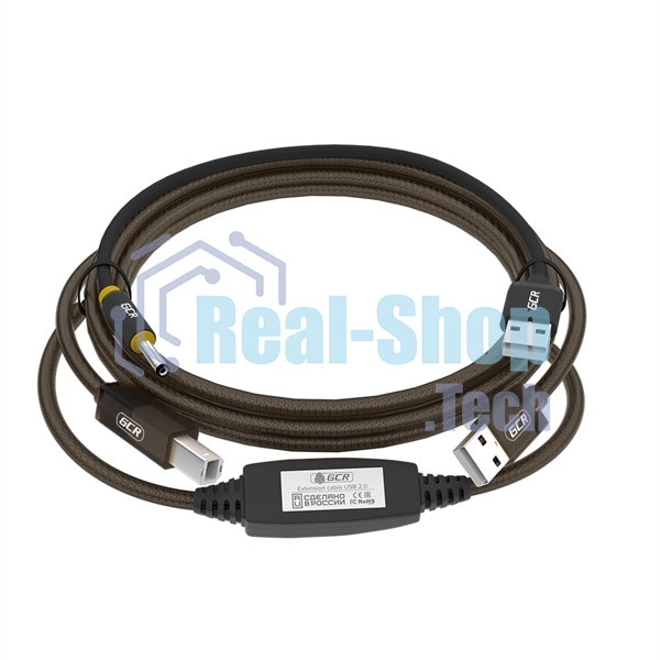 Кабель активный GCR 5.0m USB 2.0, AM/BM, черно-прозрачный, с усилителем сигнала, разъем для доп.питания, 28/24 AWG