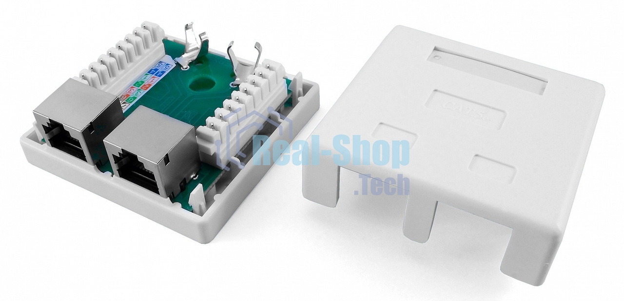 Розетка компьютерная RJ-45(8P8C), категория 5e, экранированная, двойная, внешняя, Dual IDC Hyperline SB1-2-8P8C-C5e-SH-WH