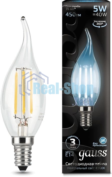 Лампа светодиодная филаментная Gauss Filament 5Вт цок.:E14 свеча 220B 4100K св.свеч.бел.ней. (упак.:10шт)