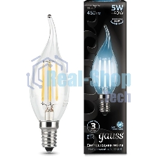 Лампа светодиодная филаментная Gauss Filament 5Вт цок.:E14 свеча 220B 4100K св.свеч.бел.ней. (упак.:10шт)