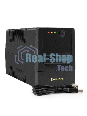 Источник бесперебойного питания ExeGate Power NB-650.LED.AVR.2SH.USB (650VA/390W, LED, AVR, 2*Schuko, USB, батарея 12V 7Ah, черный)