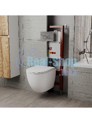 Комплект BAU 6 в 1: инсталляция BAU PRO для подвесного унитаза, унитаз подвесной безободковый торнадо обратного потока Bau Dream 52х36 Hurricane-5, сиденье быстросъемное микролифт, круглая хромированная клавиша Aquanika