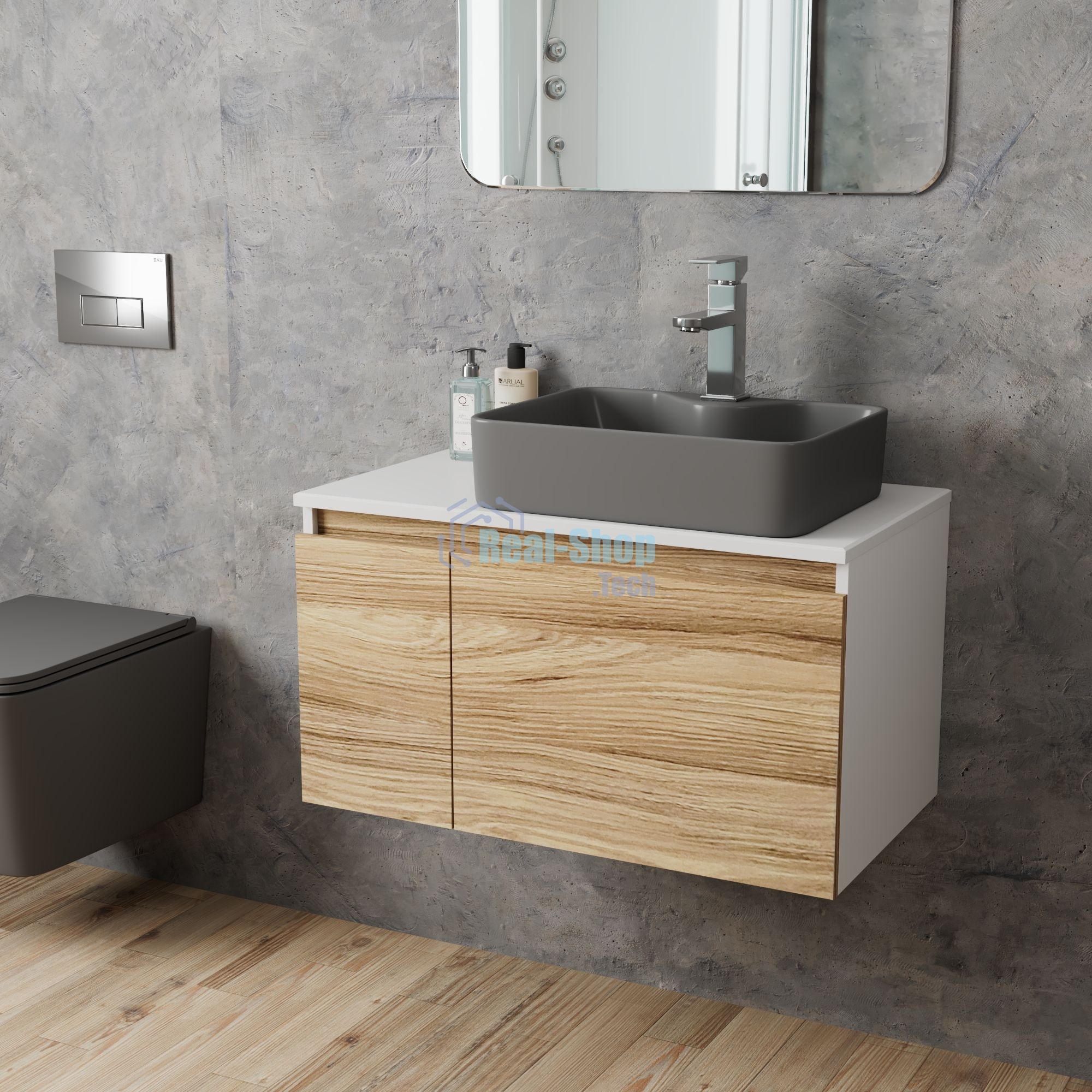 Комплект: тумба Bau Dream Blackwood 80, раковина BAU Cerama 48х37, темно-серая, смеситель Hotel Stil, нерж сталь