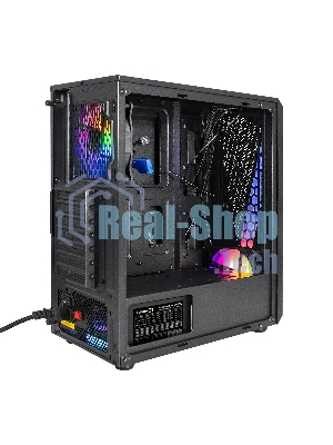 Компьютерный корпус Miditower ExeGate EVO-8225-EVO800 (ATX, БП EVO800RGb с вент. 12см, 2хUSB+1хUSB 3.0, черный, 2 вент. с RGb подсветкой и полоса на передней панели, боковая панель - закаленное стекло)