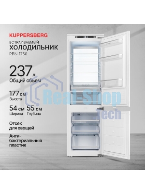 Встраиваемый холодильник Kuppersberg RBN 1760, High-Tech, объем 237 л, скользящий фасад, электронное управление, No Frost, антибактериальный пластик, звуковой сигнал при открытой дверце, перенавешиваемые двери, LED освещение, уровень шума 41 дБ, энергоэффективность А+, белый