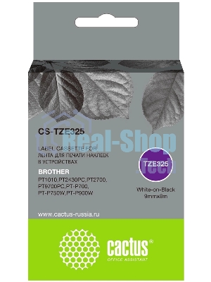 Картридж ленточный Cactus CS-TZE325 TZE-325 белый на черном 9x8 для Brother 1010/1280/1280VP/2700VP