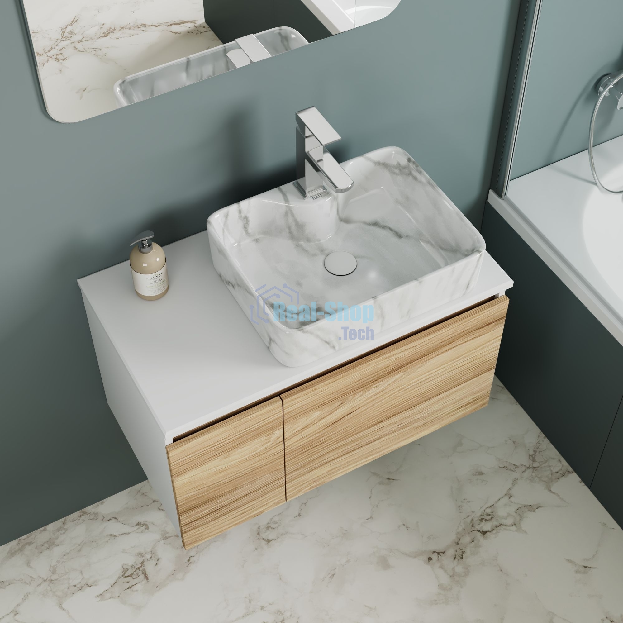 Комплект: тумба Bau Dream Blackwood 80, раковина прямоугольная BAU Cerama 48х37, мрамор, смеситель Hotel Stil, нерж сталь, выпуск клик клак белый