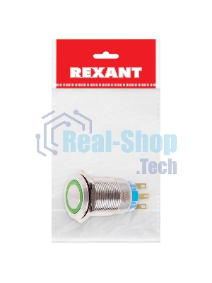 Кнопка антивандальная Rexant Ø19 250В Фикс (5с) ON-OFF/OFF-ON подсв/зеленая