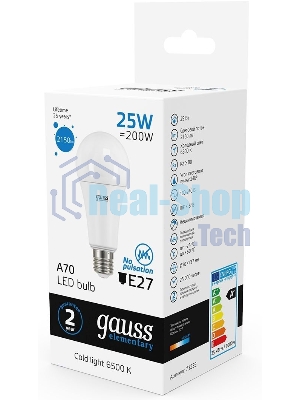 Лампа светодиодная Gauss Elementary 25Вт цок.: E27 груша 220B 6500K св. свеч. белый хол. A67 (упак.: 10 шт)