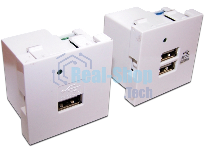 Модуль USB-зарядки, 2 порта, без шторки, 2.1A/5V, 45x45, белый