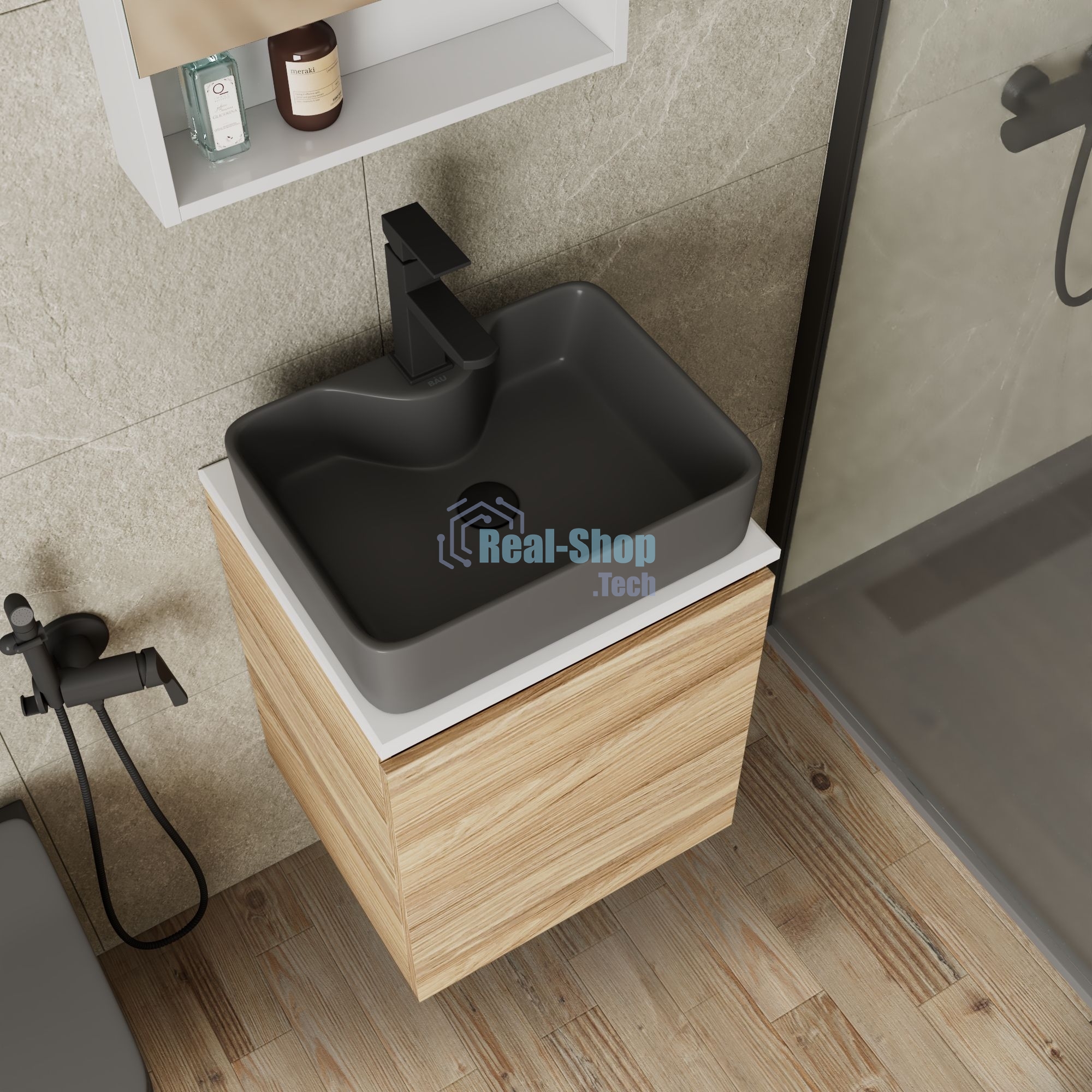 Тумба Bau Dream Blackwood 50 с дверцей, раковина BAU Cerama 48х37 темно-серая матовая, смеситель Hotel Black, черный, выпуск клик клак черный