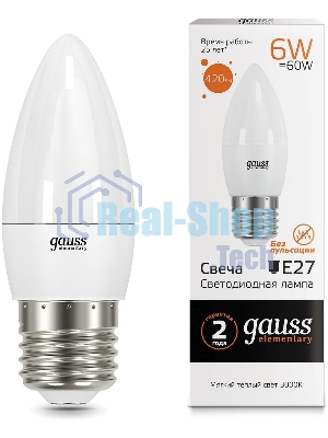 Лампа светодиодная Gauss Elementary 6Вт цок.:E27 свеча 220B 3000K св.свеч.бел.теп. C37 (упак.:10шт)