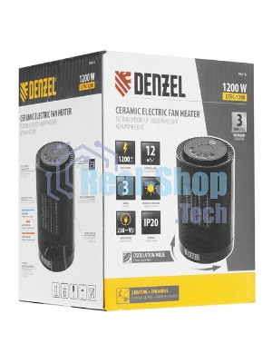 Тепловентилятор керамический Denzel DTFC-1200, черный, 600/1200 Вт, 12 м2, 3 режима, термостат