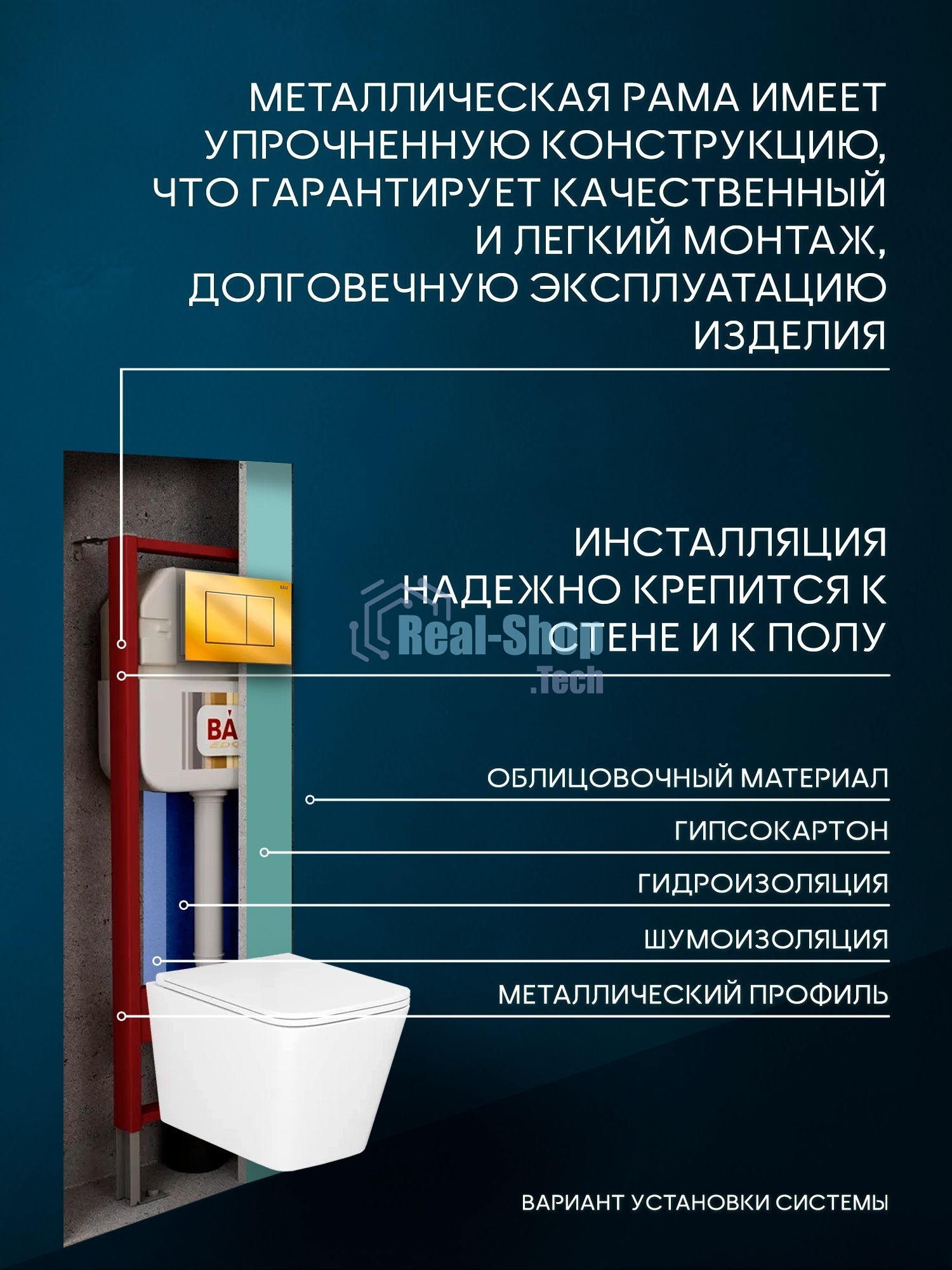 Комплект BAU 6 в 1: рамная инсталляция, унитаз подвесной безободковый вихревой Bau Stil Hurricane, быстросъемное тонкое сиденье дюропласт микролифт, кнопка смыва BAU Stil, золото