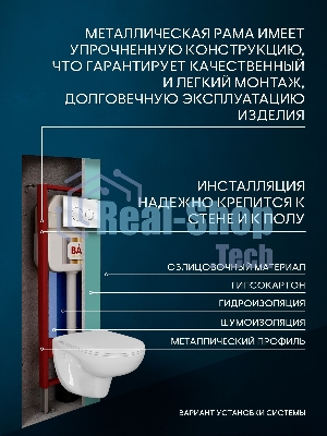 Комплект BAU 6 в 1: рамная инсталляция, унитаз подвесной безободковый Bau Novo, быстросъемное сиденье микролифт, кнопка смыва из стекла BAU Dream дизайнерская, белая