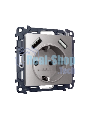 Комплект механизма электрической розетки ALFA Сталь матовый 2USB A+A 18W (быстрая зарядка) с/з QUANT (AP5090, VM155) MA509010