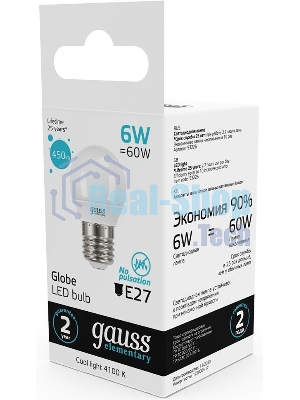 Лампа светодиодная Gauss Elementary 6Вт цок.: E27 шар 220B 4100K св. свеч. белый. ней. (упак.: 10 шт)