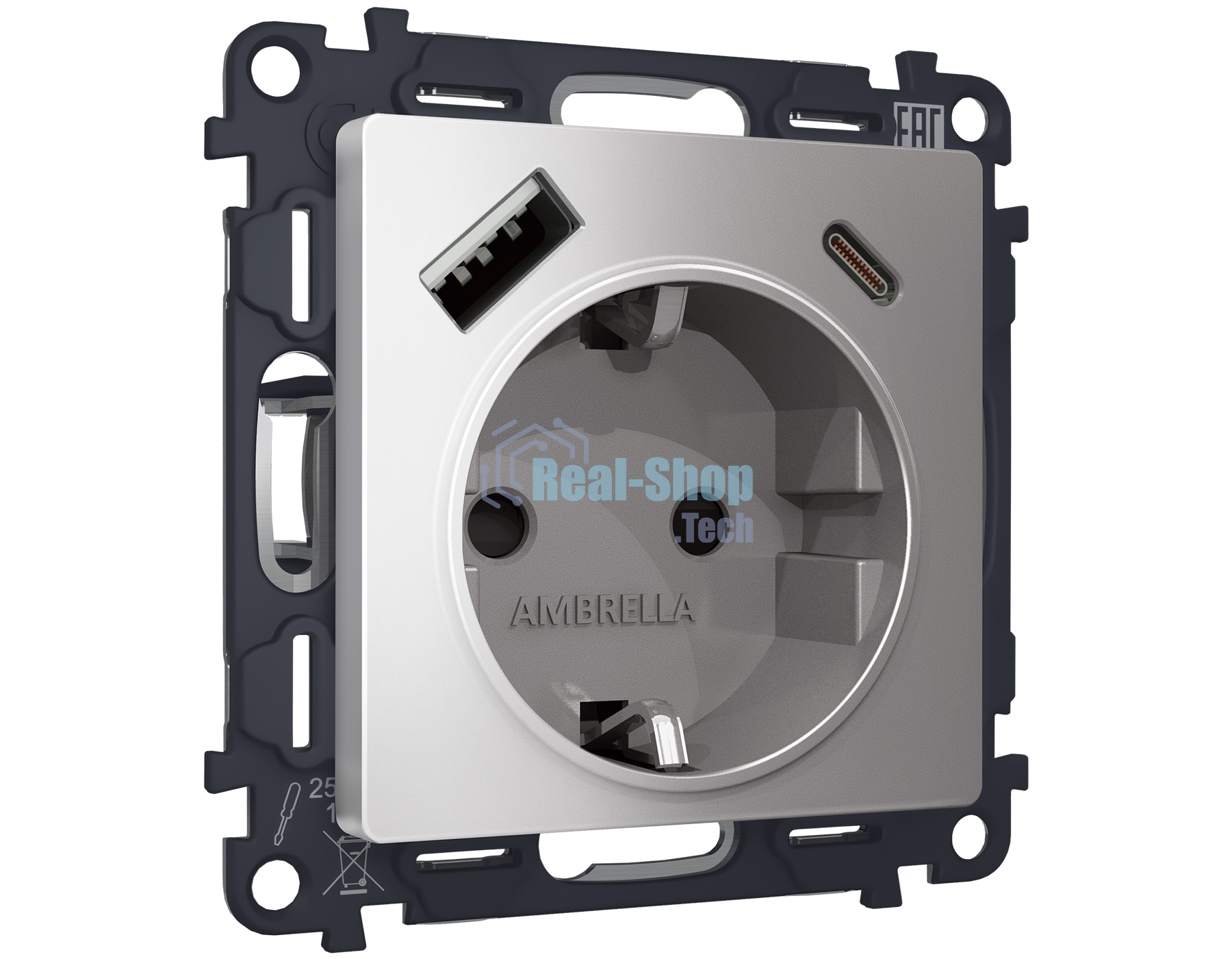 Комплект механизма электрической розетки ALFA Сталь матовый 2USB A+C 20W (быстрая зарядка) с/з QUANT (AP5100, VM160) MA510010