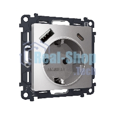 Комплект механизма электрической розетки ALFA Сталь матовый 2USB A+C 20W (быстрая зарядка) с/з QUANT (AP5100, VM160) MA510010
