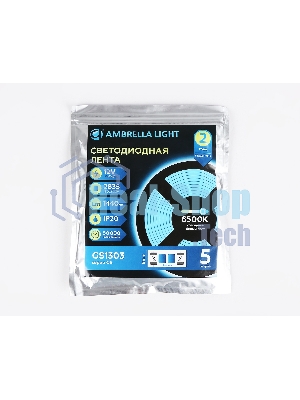 Светодиодная лента Ambrella light GS1313 2835 180Led/ 14.4W m/ 12V IP20 6500K/ 5000*10*1.2mm (2 конт.)