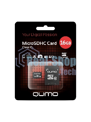 Флеш карта QUMO MicroSDHC 16Gb Сlass 10, адаптер в комплекте SD, черно-красная картонная упаковка