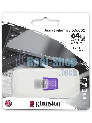 Флешка USB Kingston DataTraveler microDuo 3C (DTDUO3CG3/64Gb), 64Gb, USB 3.2 Gen 1/Type-C, R/W 200/15, фиолетовый