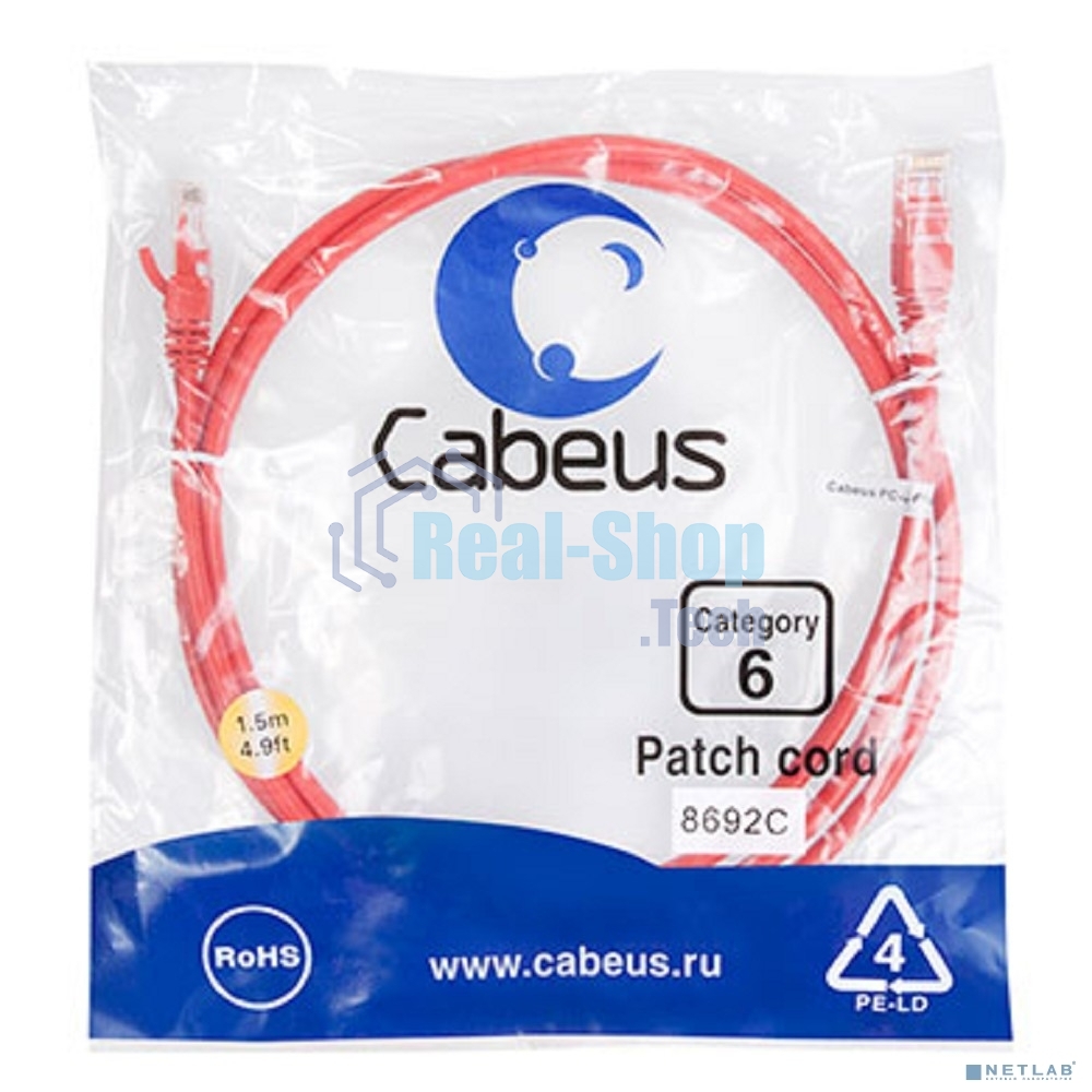 Шнур комм. Cabeus, кат. 6, неэкр., U/UTP, RJ45/RJ45, 250 МГц, PVC, AWG24, 1.5м, красный