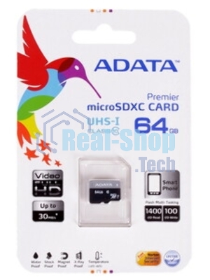 Флеш карта microSD 64Gb ADATA microSDHC Class 10 UHS-I A1 100/25 MB/s (SD адаптер)