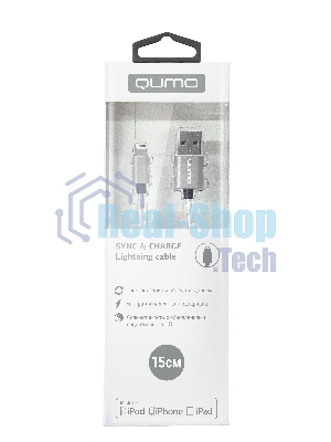 Кабель Qumo, MFI С48, USB-Apple 8 pin, 0,15м, 5В, 2,4A, 12Вт, опл. нейлон, кон металл, серебро